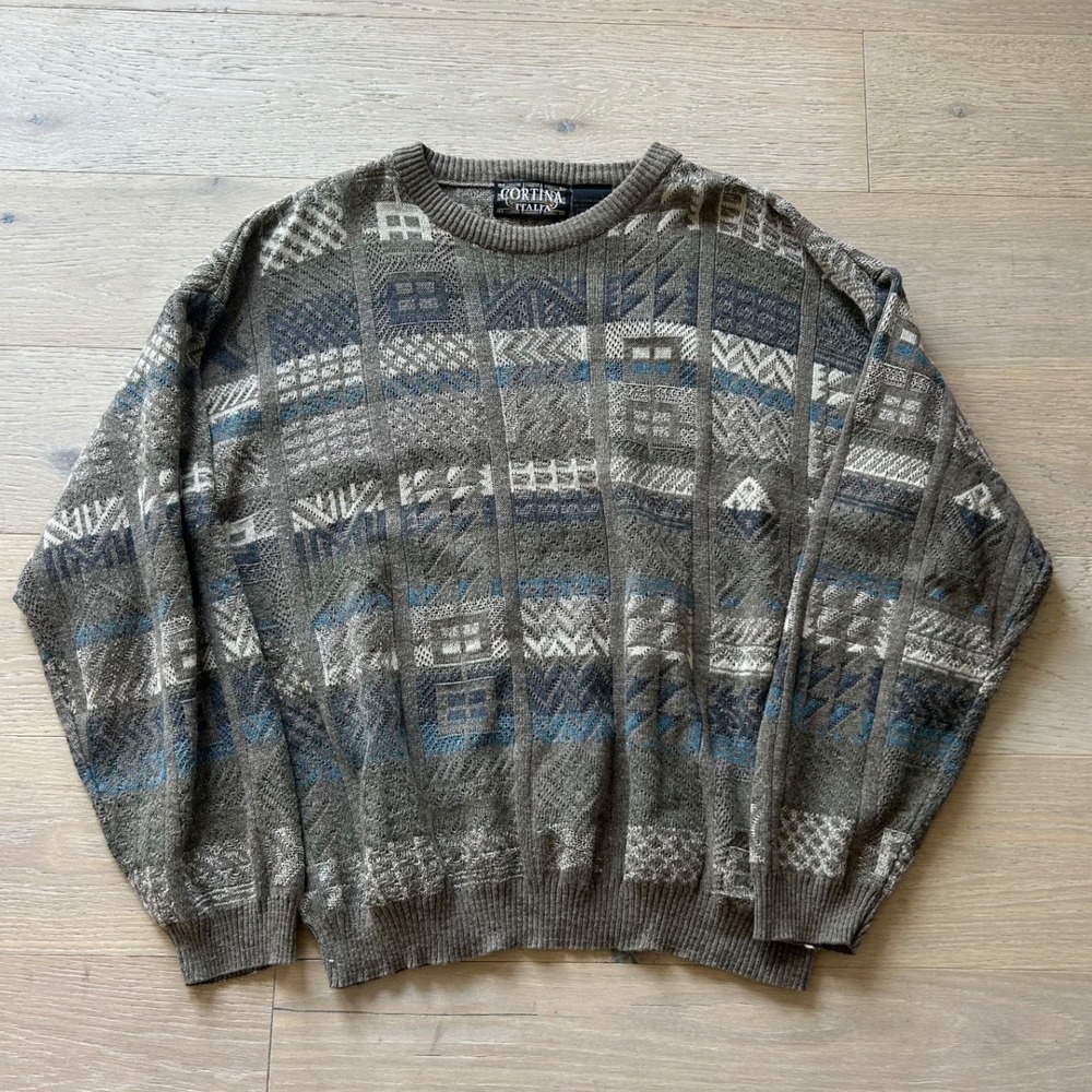 Vintage 1990's Geometric Knit Crewneck Sweater Mens Medium Brown Blues